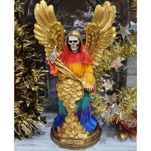 Rainbow Santa Muerte Statue On Money Stand With Horn Of Abundance 12 Inches